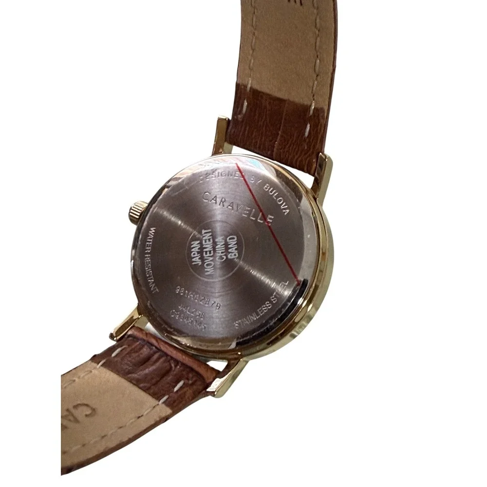 Caravelle by Bulova Gold Tone Watch Brown Leather Strap 44L256 White Dial